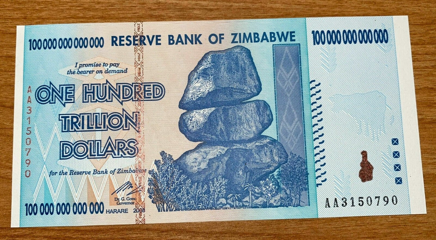 2008 100 TRILLION DOLLARS ZIMBABWE BANKNOTE AA P-91 GEM Unc Note Currency