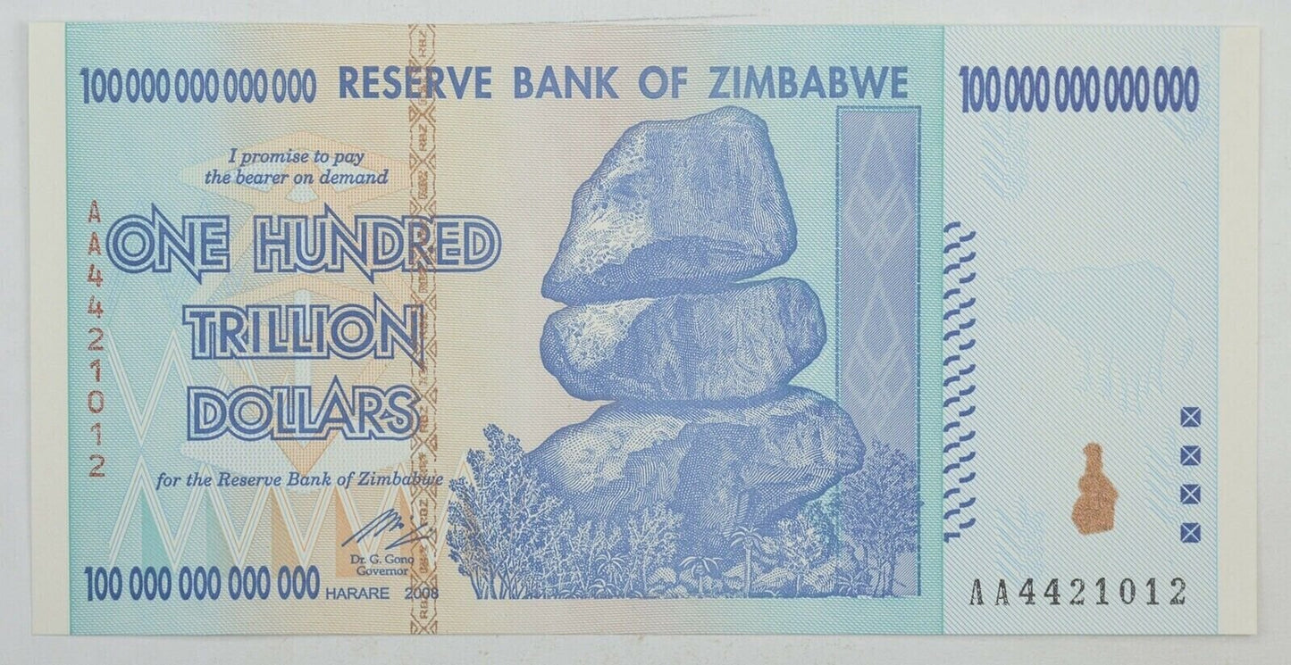 2008 100 TRILLION DOLLARS ZIMBABWE BANKNOTE AA P-91 GEM Unc Note Currency