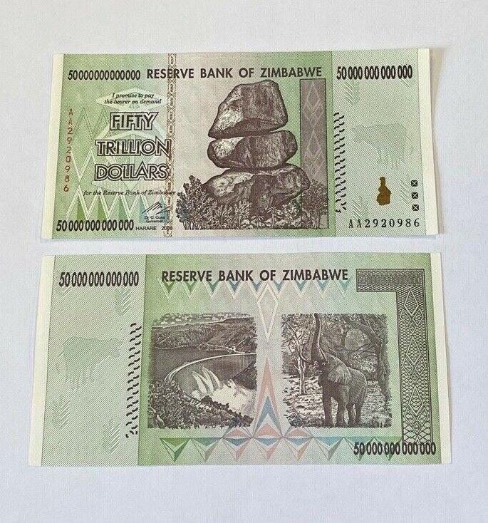 New UNC Zimbabwe 2008 50 TRILLION DOLLARS BANKNOTE AA P-90 100 TRILLION SERIES