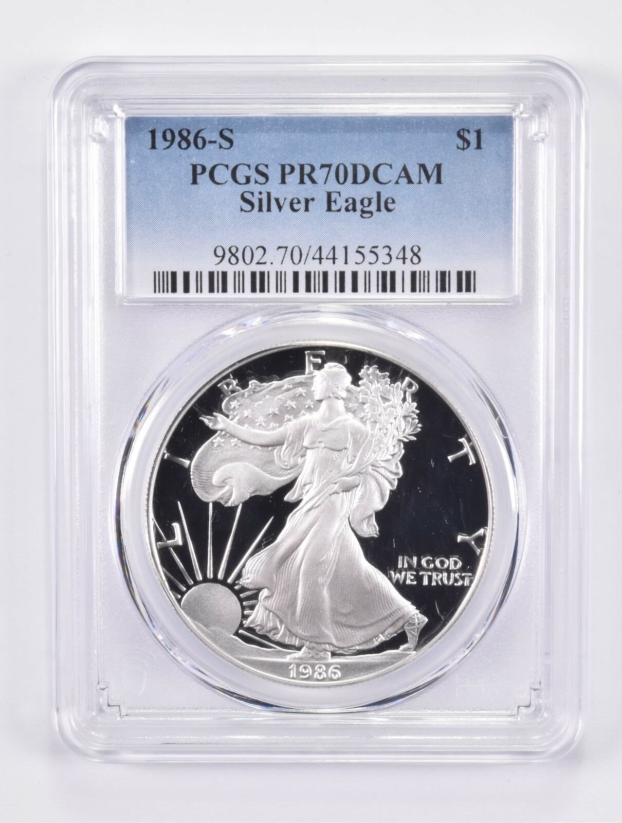 1986-S PR70 DCAM American Silver Eagle PCGS Blue Label *0385