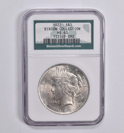 MS63 1922 Peace Dollar Binion Silver Hoard - NGC