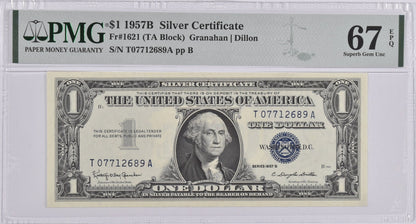 PMG Superb Gem Unc 67 EPQ $1 1957-B Silver Certificate Fr#1621