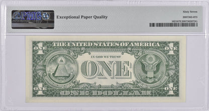 PMG Superb Gem Unc 67 EPQ $1 1957-B Silver Certificate Fr#1621